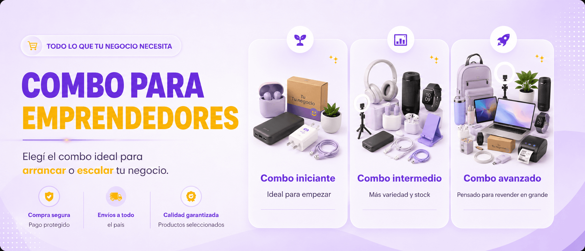 Combo para emprendedores: elegí el combo ideal para arrancar o escalar tu negocio. Combo iniciante, intermedio y avanzado.